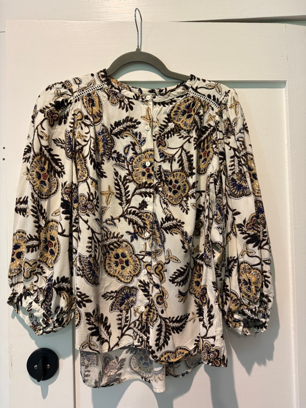 ba&sh Cream Floral Button-Front Blouse with Gold and Black Motif
